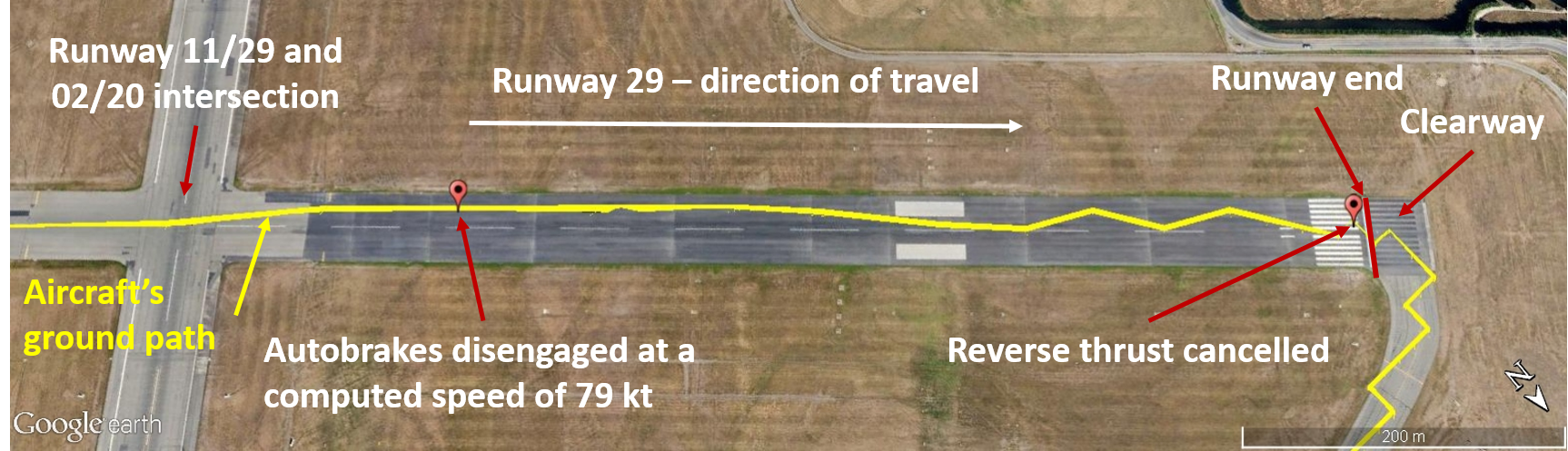 Figure 9: Aircraft’s ground path and recorded data after crossing the runway 11/29 and 02/20 intersection. Image shows the aircraft’s ground path (in yellow) and recorded data after crossing the runway 11/29 and 02/20 intersection (the zigzag yellow line on the last section of the runway was the result of flight data recording limitations). Source: Google earth, annotated by the ATSB