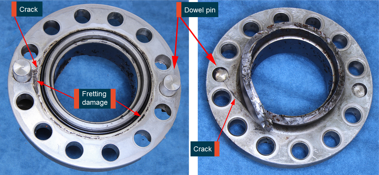 Figure 4: Separated shaft section in their as-received condition. Image shows that cracking was observed near one of the dowel pins and the fretting discolouration observed on the propeller side of the flange. Source: ATSB