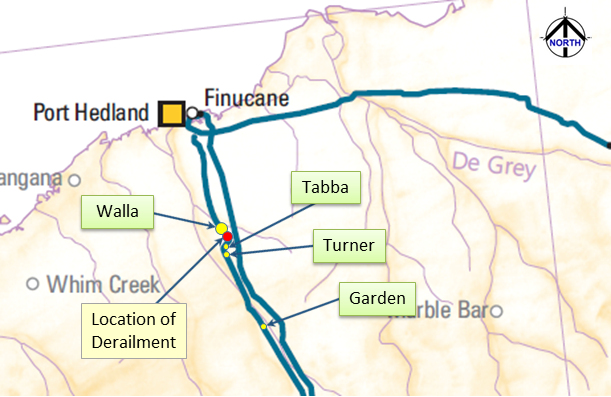 Figure 1: Map of the Pilbara region showing the derailment location. Source: Geoscience Australia annotated by ATSB