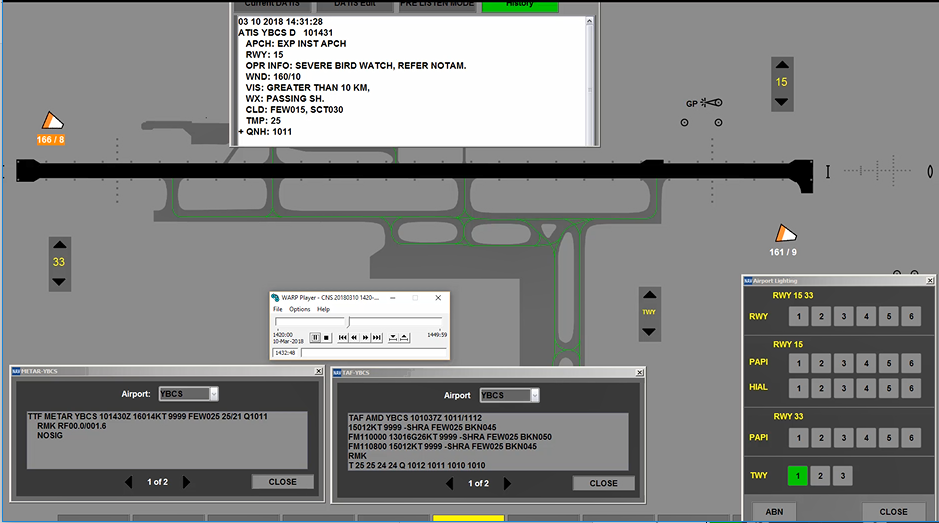 Figure 2: INTAS aerodrome layout display with field lighting popup. A part of the INTAS display, showing airfield lighting system status at time of the incident flight in the field lighting pop-up (bottom right). When activated, the selected light intensity level would have been displayed in green, for example, taxiway (TWY) light level 1 is active.<br />
Source: Airservices Australia