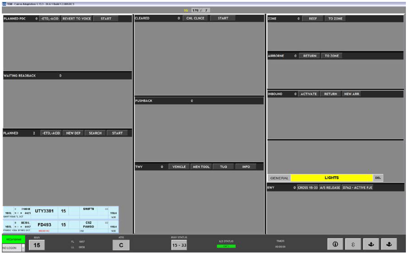 Figure 3: INTAS flight progress strip display. A part of the INTAS display, showing LIGHTS prompt in the right-hand column placed above the runway (RWY) panel.<br />
Source: Airservices Australia