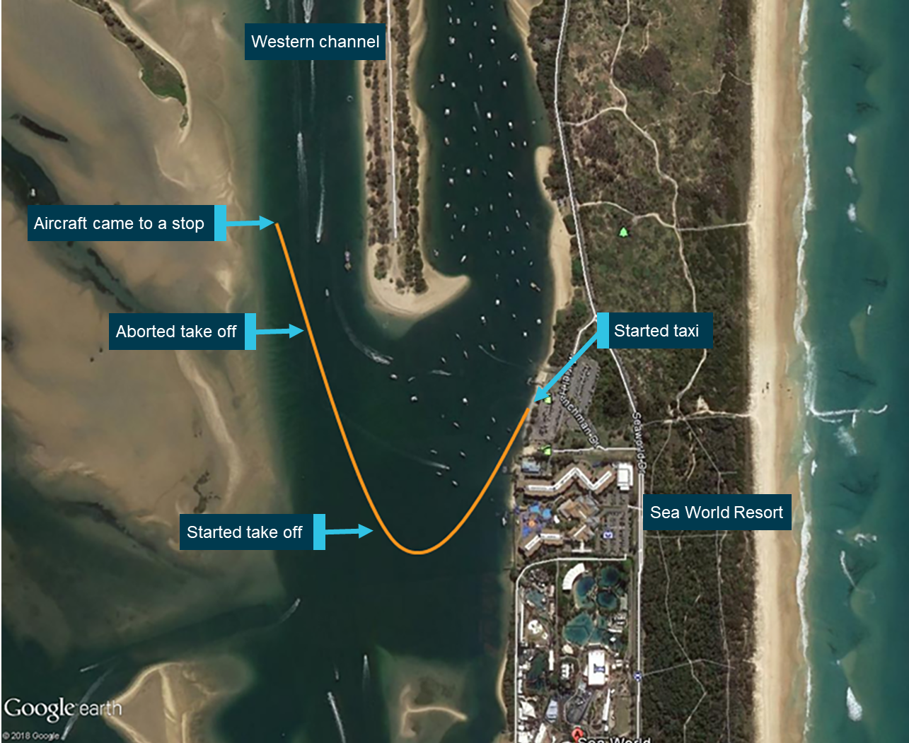 Figure 1: Approximate aircraft taxi and take-off path. Google maps, annotated by ATSB