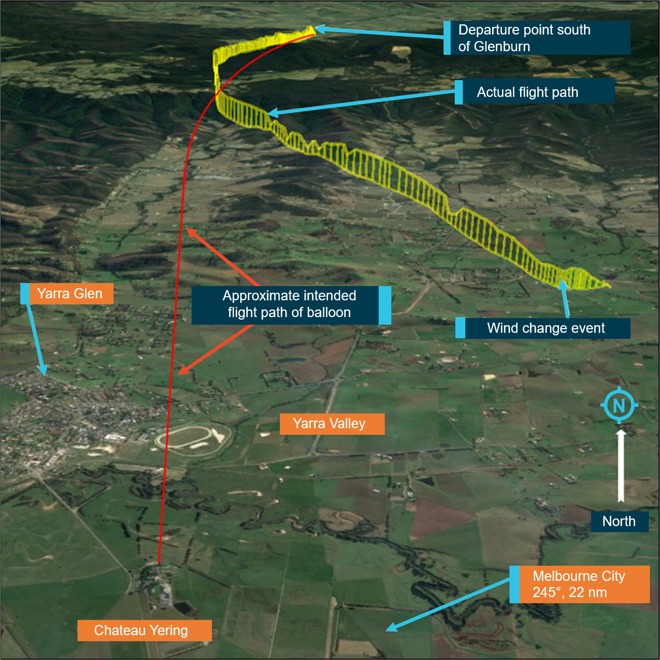 Figure 1: VH-EUA’s approximate intended track (red) and actual flight path (yellow). Source: Background image Google Earth; annotated by ATSB.