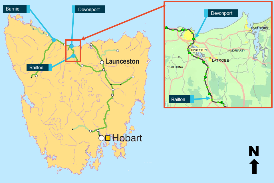 Figure 2: Map of TasRail Network. Image shows location of Railton with respect to Devonport within the TasRail network.<br />
Source: TasRail and ARA Railways of Australia 2014, annotated by ATSB.