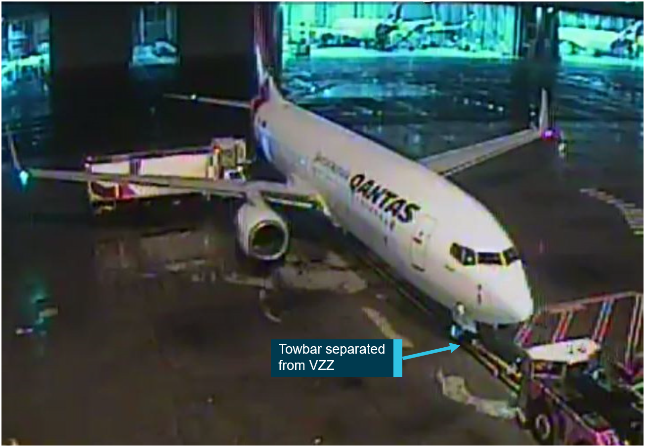 Figure 2: The catering truck behind the aircraft’s wing when the towbar separated. Source: Qantas, annotated by the ATSB