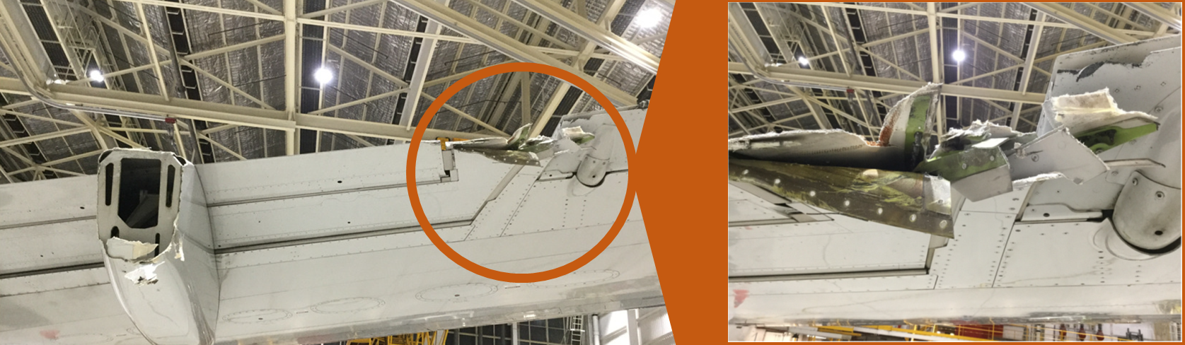 Figure 4: Damage to the aircraft’s right wing. Source: Qantas, annotated by the ATSB