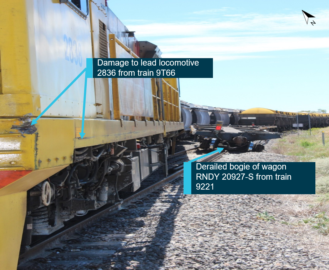 Figure 2: Damage to locomotive 2838 and wagon RNDY 20927-S. Source: Queensland Rail annotated by ATSB