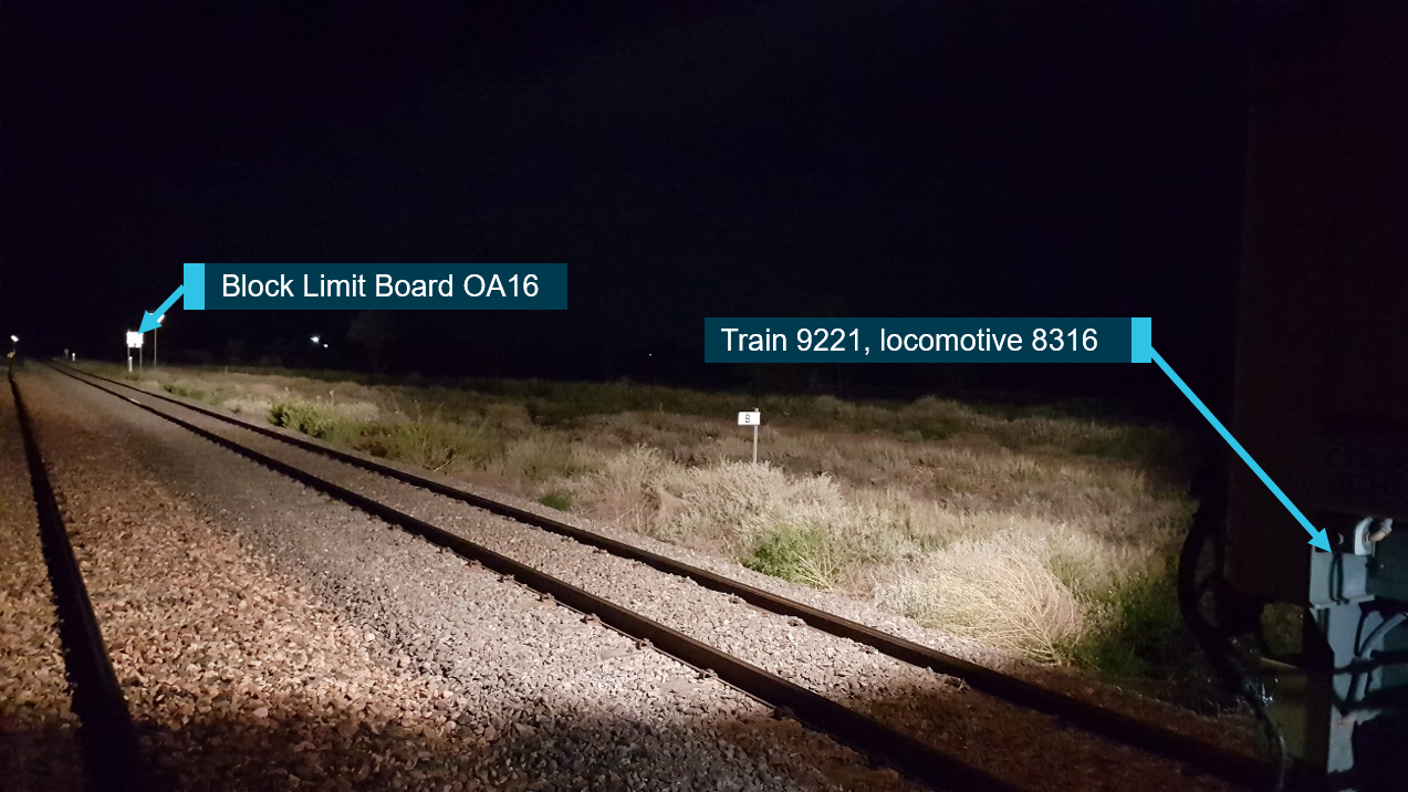 Figure 4: Stopping location of train 9221 relative to limit of authority. Source: Pacific National annotated by ATSB