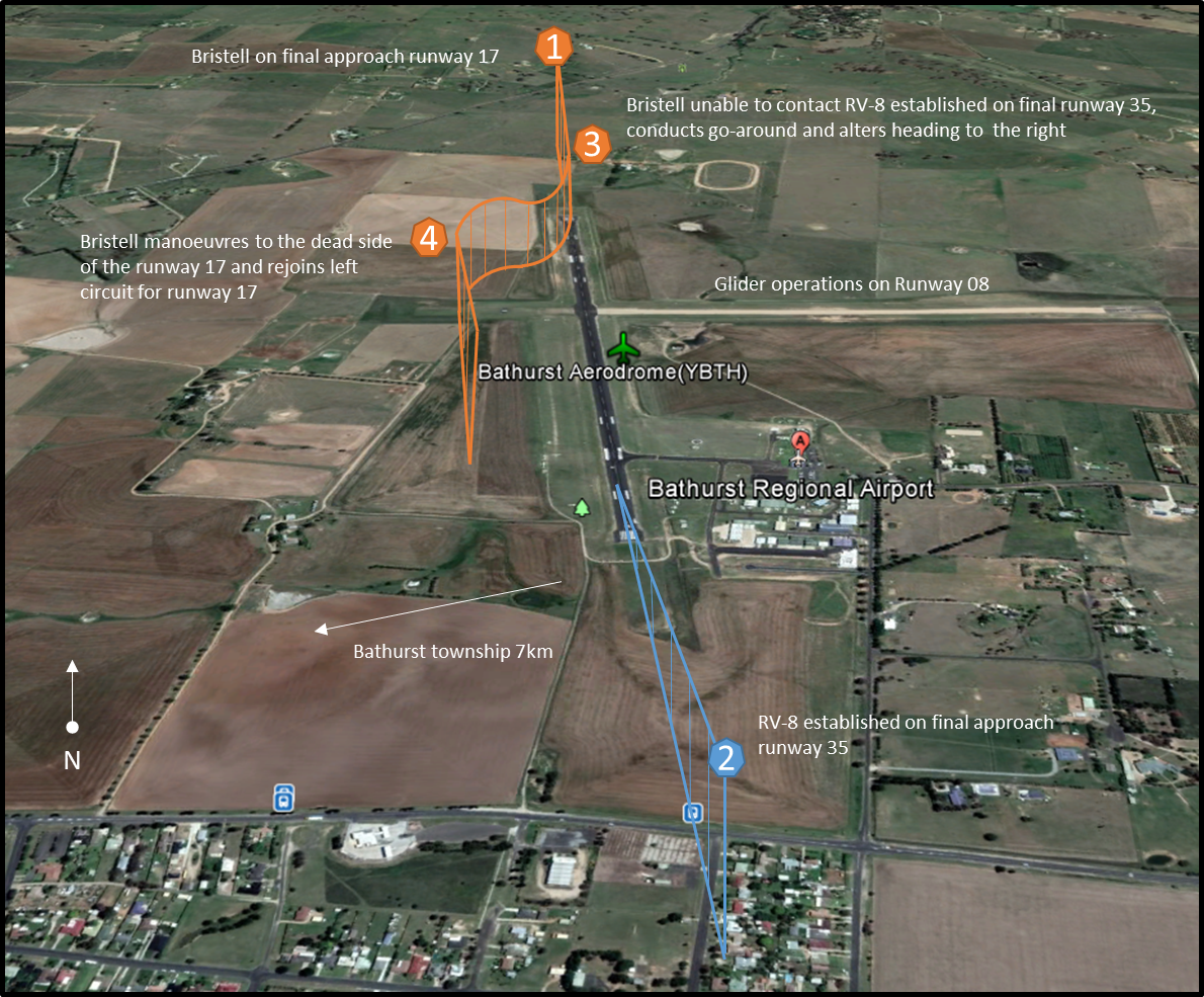 Figure 1: Separation sequence of events at Bathurst Airport. Source: Google Earth image annotated by ATSB