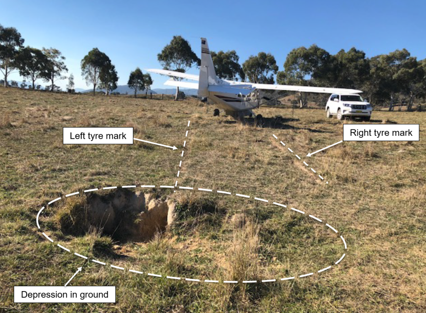 Figure 2: Final position of aircraft including ground depression struck. Source: Copyright owner annotated by ATSB