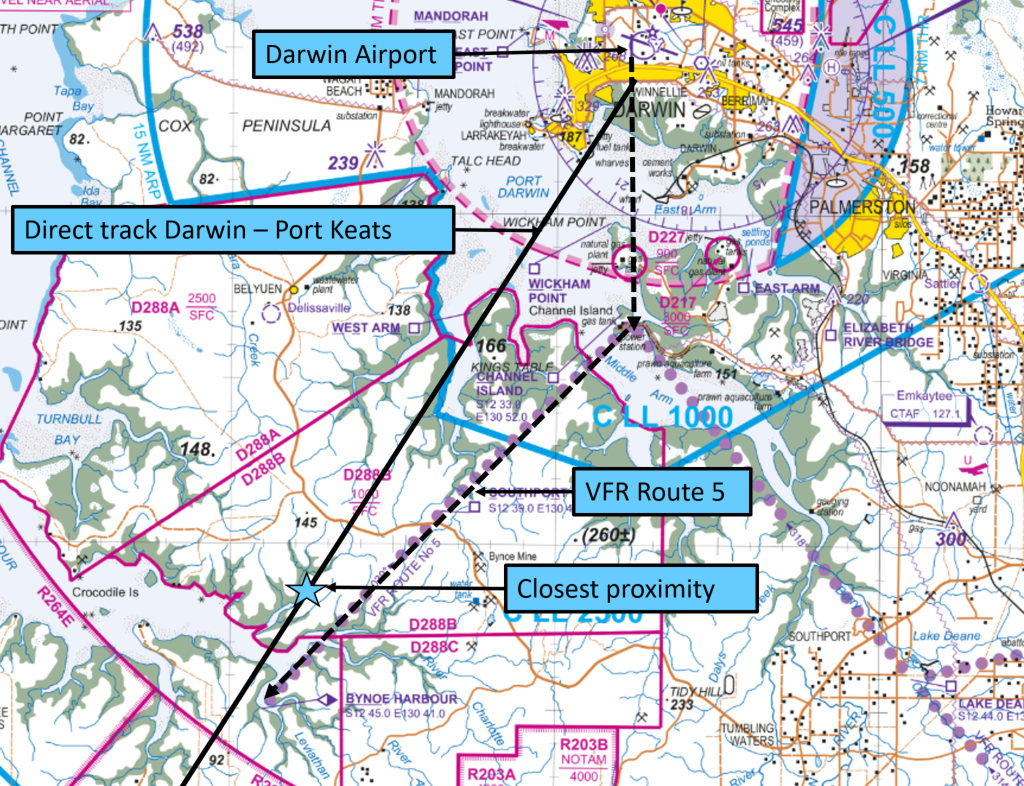 Figure 1: Extract of Darwin Visual Terminal Chart showing VFR Route 5 and direct track to Port Keats. Source: Airservices – annotated by ATSB