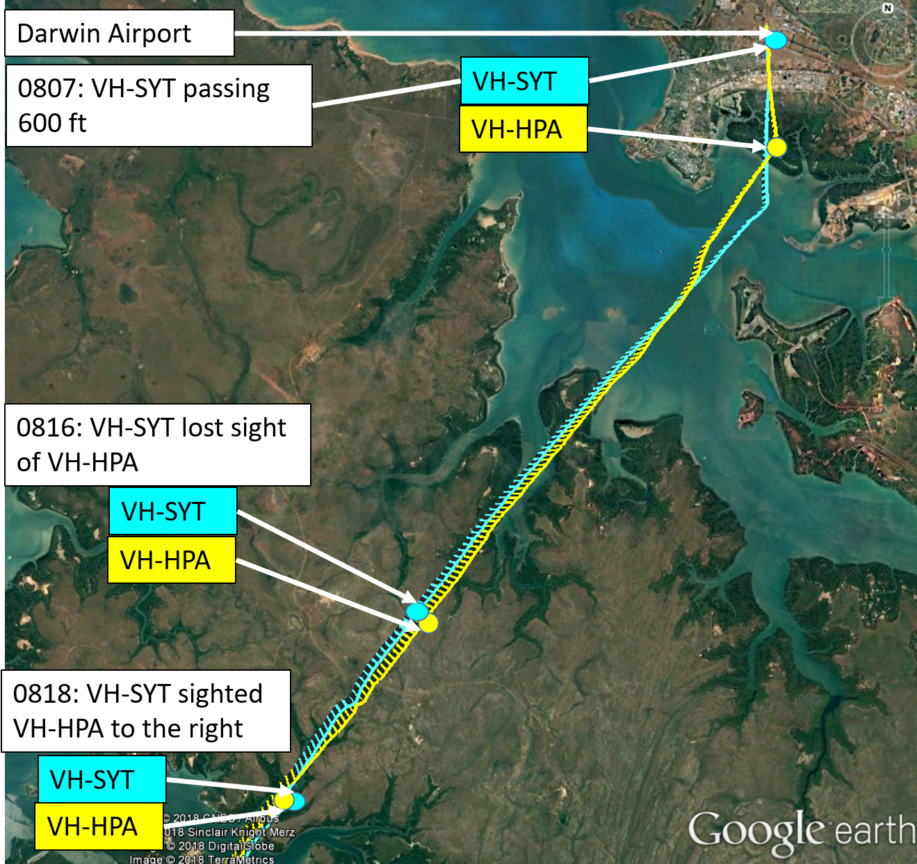 Figure 2: Google Earth image overlaid with aircraft tracks. Source: Google Earth and radar data – annotated by ATSB