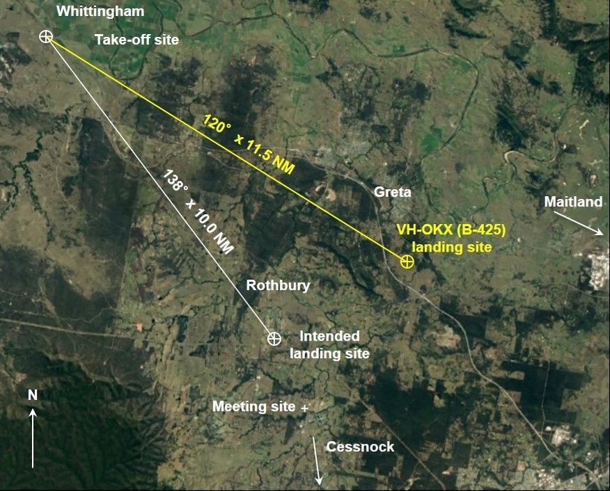 Figure 1: Take-off site, intended and actual flight paths and landing sites. Source: Google earth, modified by the ATSB