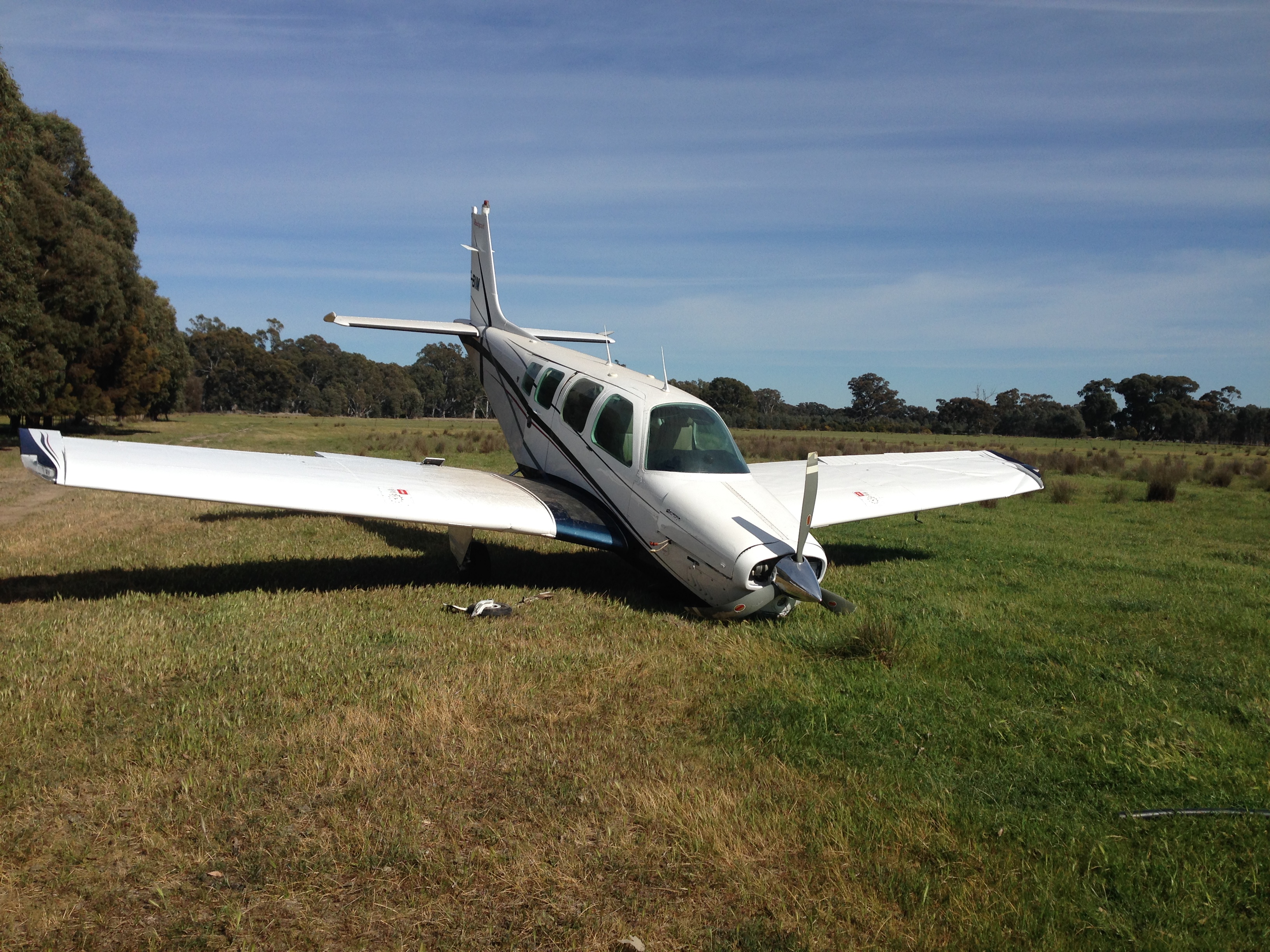 Figure 1: Beechcraft A36 after landing. Source: Victoria Police