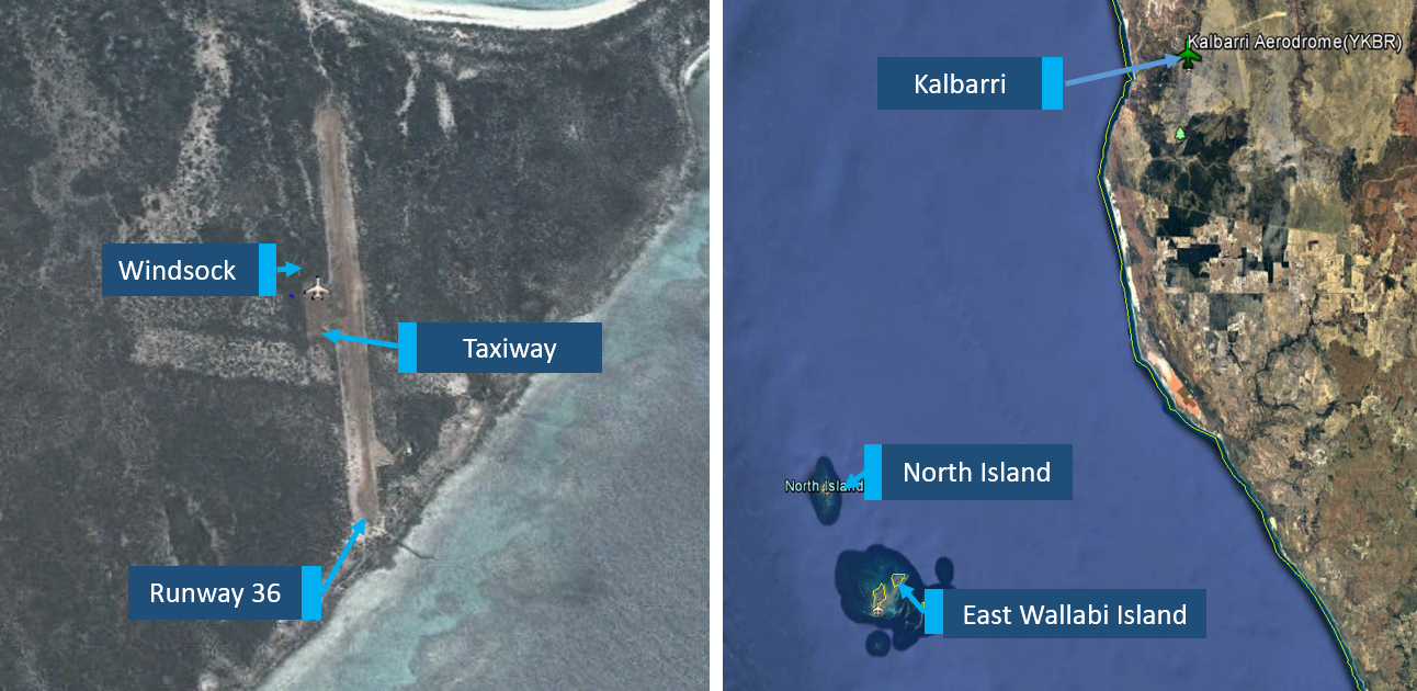 Figure 2: East Wallabi Island runway and Kalbarri, North Island and East Wallabi Island.  Source: Google Earth, annotated by ATSB