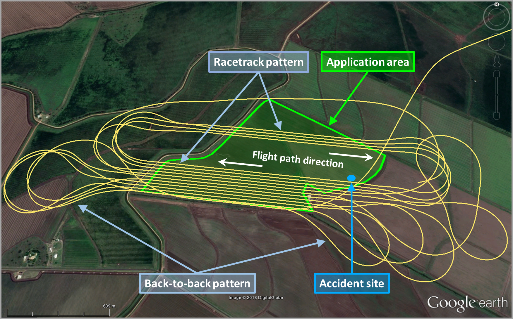 Figure 1: Application area (green), accident site (blue) and track flown (yellow). Source: Google earth, annotated by the ATSB