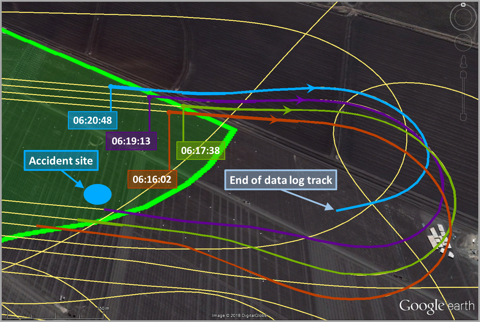 Figure 4: Final four right turns from an easterly track (last shown in blue). Source: Google earth, annotated by the ATSB