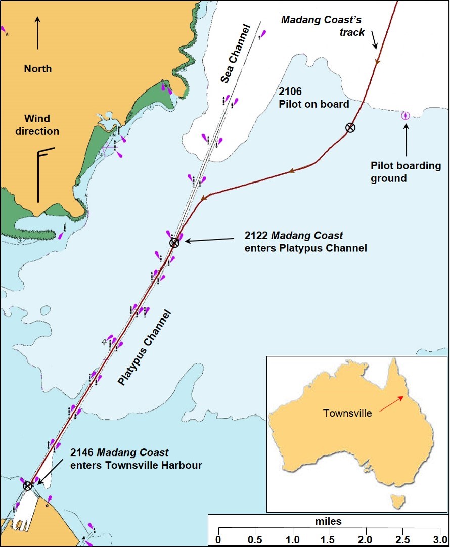 Figure 1: Section of navigational chart Aus 257 showing Madang Coast’s track into Townsville Harbour. Source: Australian Hydrographic Service, annotated by the ATSB