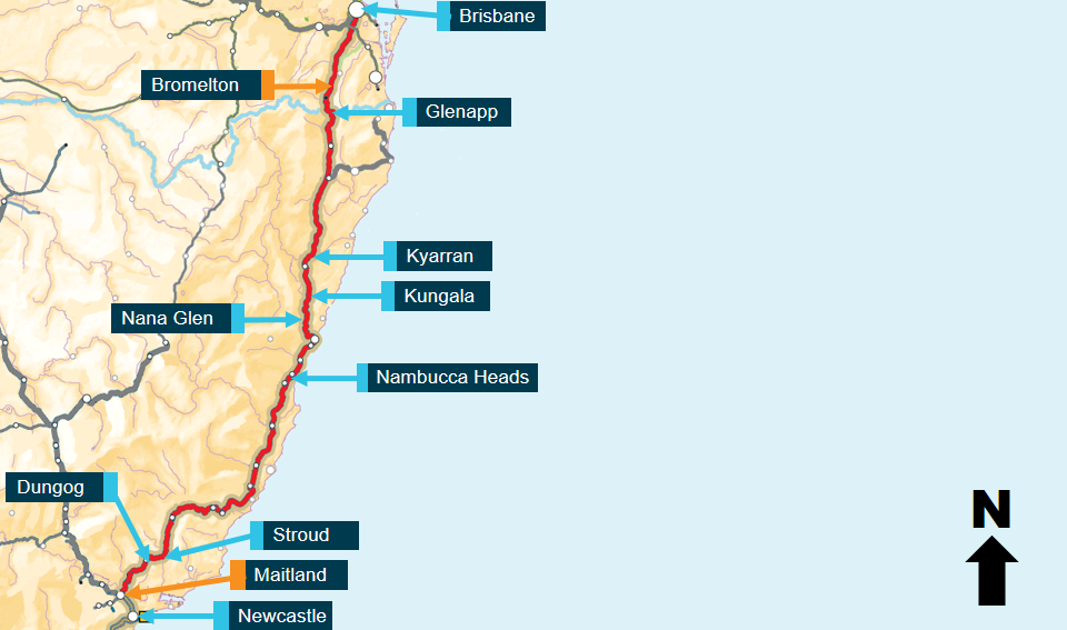 Figure 1: ARTC North Coast rail line between Maitland and Bromelton. Image shows ARTC North Coast rail line between Bromelton and Maitland shown in red. Locations between Bromelton and Maitland where freight train 2BM9 passed other rail services are also indicated. Source: ARA Railways of Australia Map 2014, annotated by ATSB.