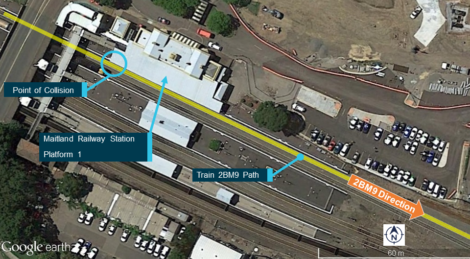 Figure 2: Maitland Railway Station layout. Image shows Maitland Station Platform 1 with 2BM9 path shown by yellow line, point of collision with station infrastructure, and train 2BM9 direction of travel. Source: Google Earth annotated by ATSB.