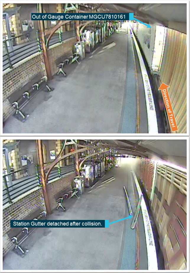 Figure 4: CCTV event recordings from Maitland Railway Station at the time of collision. The first image shows container MGCU7810161 out of gauge prior to the collision and the gutter collapsing. The second image shows the detached guttering shortly after the collision prior to 2BM9 departing the scene. Source: Sydney Trains annotated by ATSB.