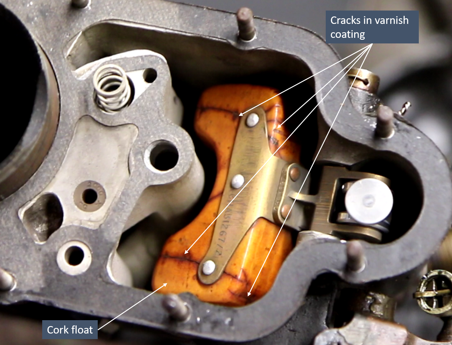 Figure 7: Carburettor float chamber and cracked cork float. Source: ATSB