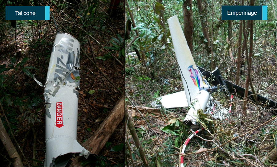 Figure 7: Separated tailcone (left) and empennage (right). Left: the rear tailcone assembly with strike mark and yellow paint transfer in and around the strike was found to the south of the main wreckage. Right: the empennage was found adjacent to the main wreckage but outside the fire zone with both tail rotor blades separated.<br />
Source: Queensland Police Service, annotated by ATSB