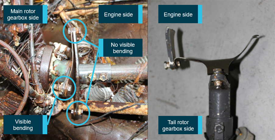 Figure 10: Forward flex plate (left) and intermediate flex plate (right). Left: forward flex plate with visible bending of bolts on the main gearbox side, but not on the engine side. Right: intermediate flex plate exhibited tension failure, but no significant torsion. The V-belt drive from the engine was located between the two flex plates.<br />
Source: ATSB