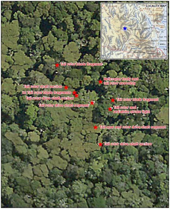 The distribution of the wreckage, as mapped by Queensland Police Service. The item marked ‘Tail spar and rotor drive shaft segment’ refers to the tailcone with the seized section of tail rotor driveshaft inside. The distribution of the wreckage, as mapped by Queensland Police Service. The item marked ‘Tail spar and rotor drive shaft segment’ refers to the tailcone with the seized section of tail rotor driveshaft inside.<br />
Source: Queensland Police Service