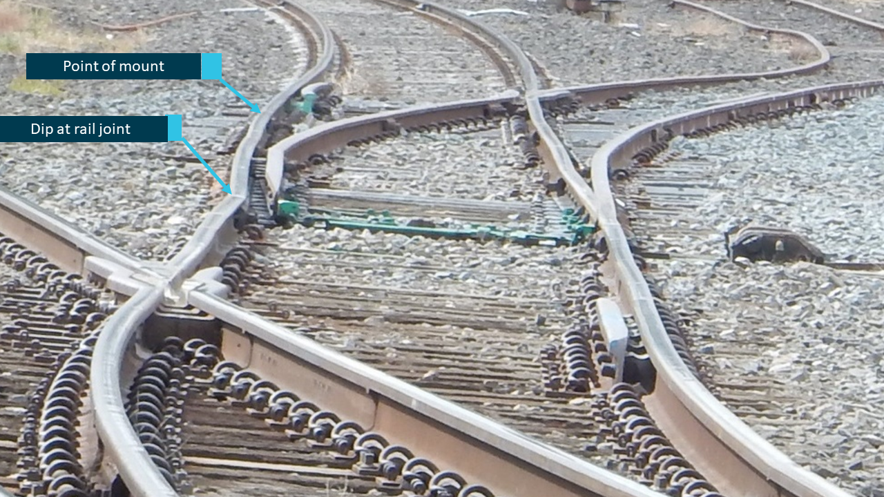 Figure 9: Transition from main line turnout to cripple track turnout. This picture shows a close-up view of the track through the derailment location and shows the rail lateral alignment around the point of mount.<br />
The deviation in rail line is exaggerated by the telephoto effect.<br />
Source:  Chief Investigator, Transport Safety (Vic)