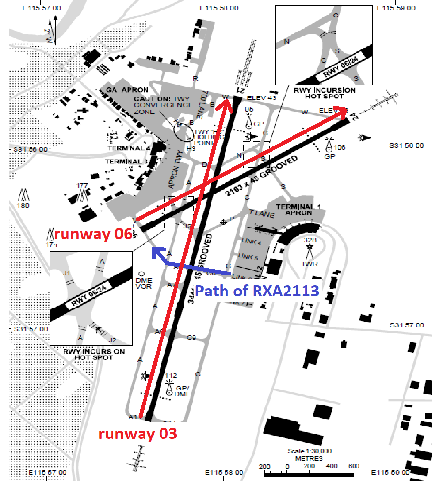 Figure 2: Perth Airport taxiway map with RXA2113 route highlighted in blue. Source: Adapted from Airservices Australia, annotated by ATSB.