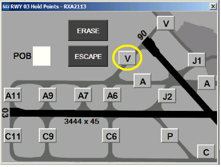 Figure 4: Hold point selection panel in ATC system for runway 03 departures (Hold point V highlighted by ATSB). Source: Adapted from Airservices Australia, annotated by ATSB