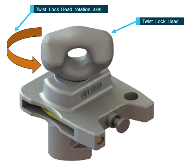 Photo shows an automatic TFAD type twist lock, the same type as in use on platform 5 of wagon PQQY50015 at the time of this incident. Source: Celtec Rail Pty Ltd.