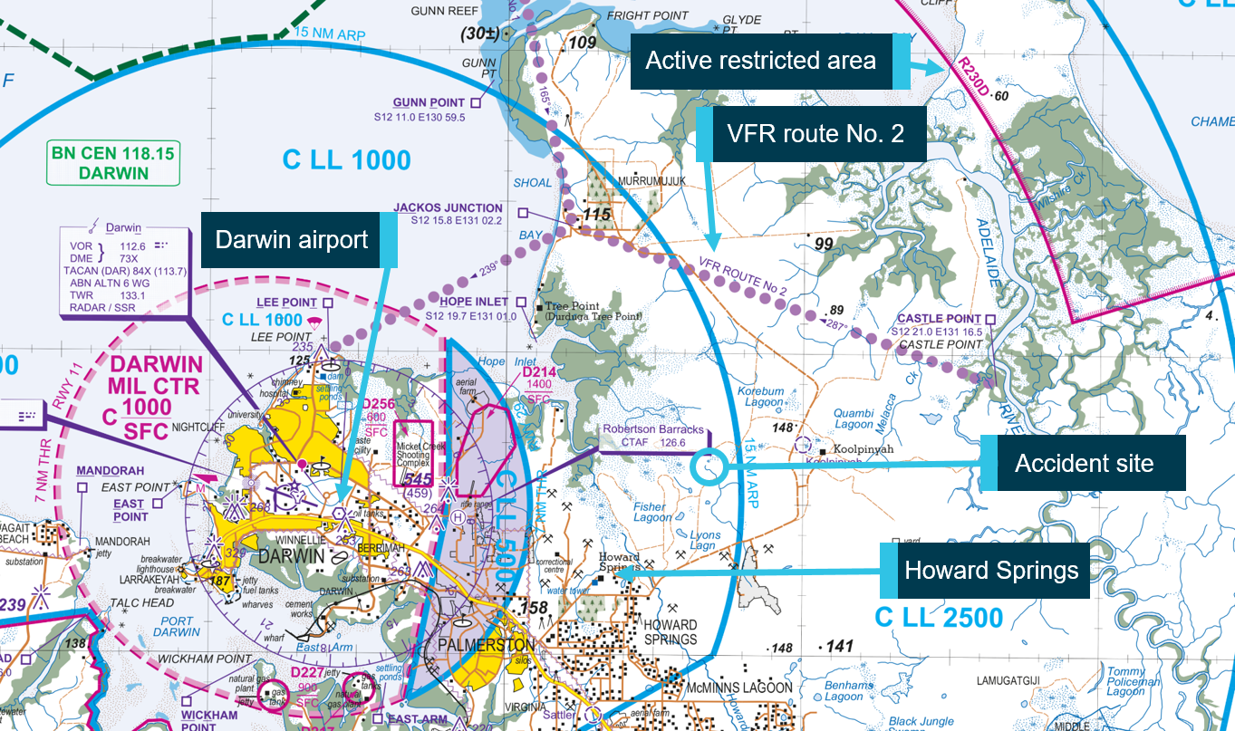 Figure 1: Darwin Airport and pertinent features on the visual terminal chart. Source: Airservices, annotated by ATSB