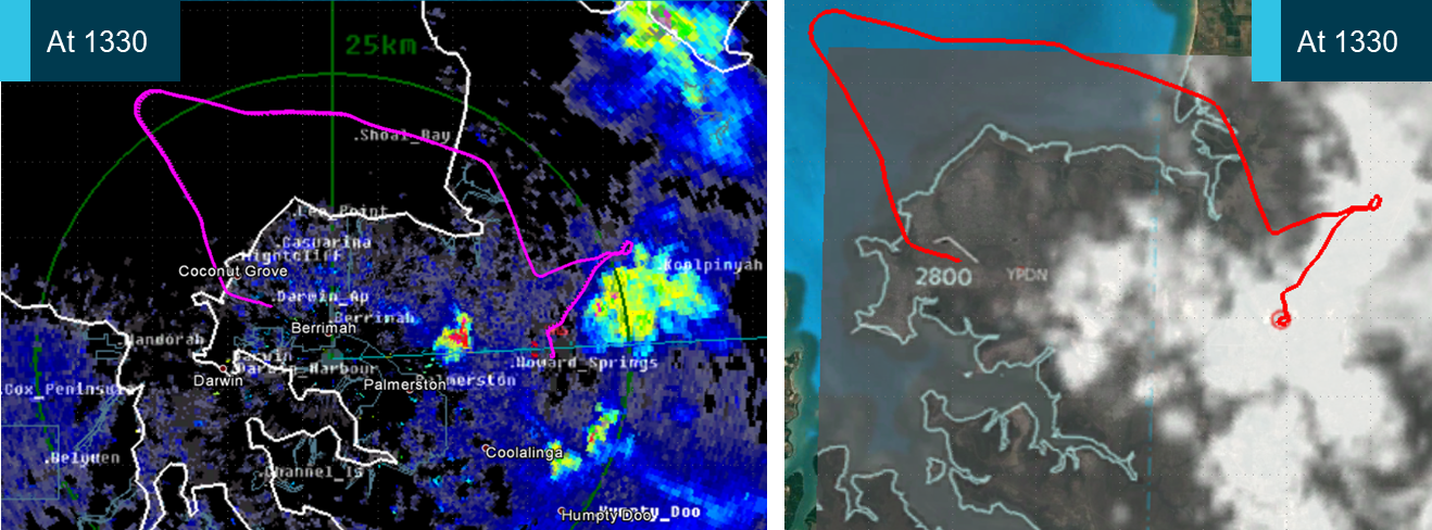 Figure 5: Aircraft track superimposed on weather radar (left) and satellite image (right). Source: Bureau of Meteorology, annotated by ATSB