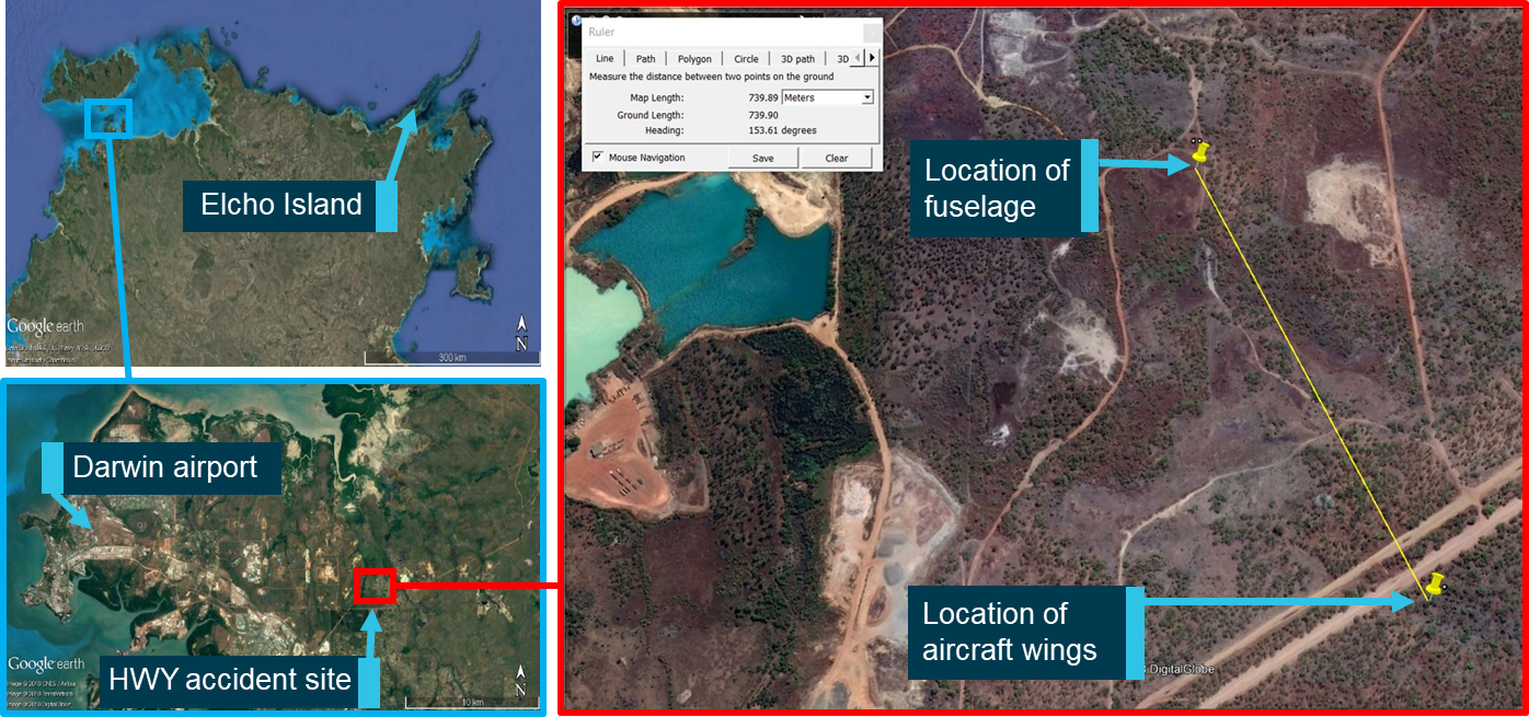 Figure 6: The accident site and location of fuselage and wings. Source: Google Earth, modified by ATSB