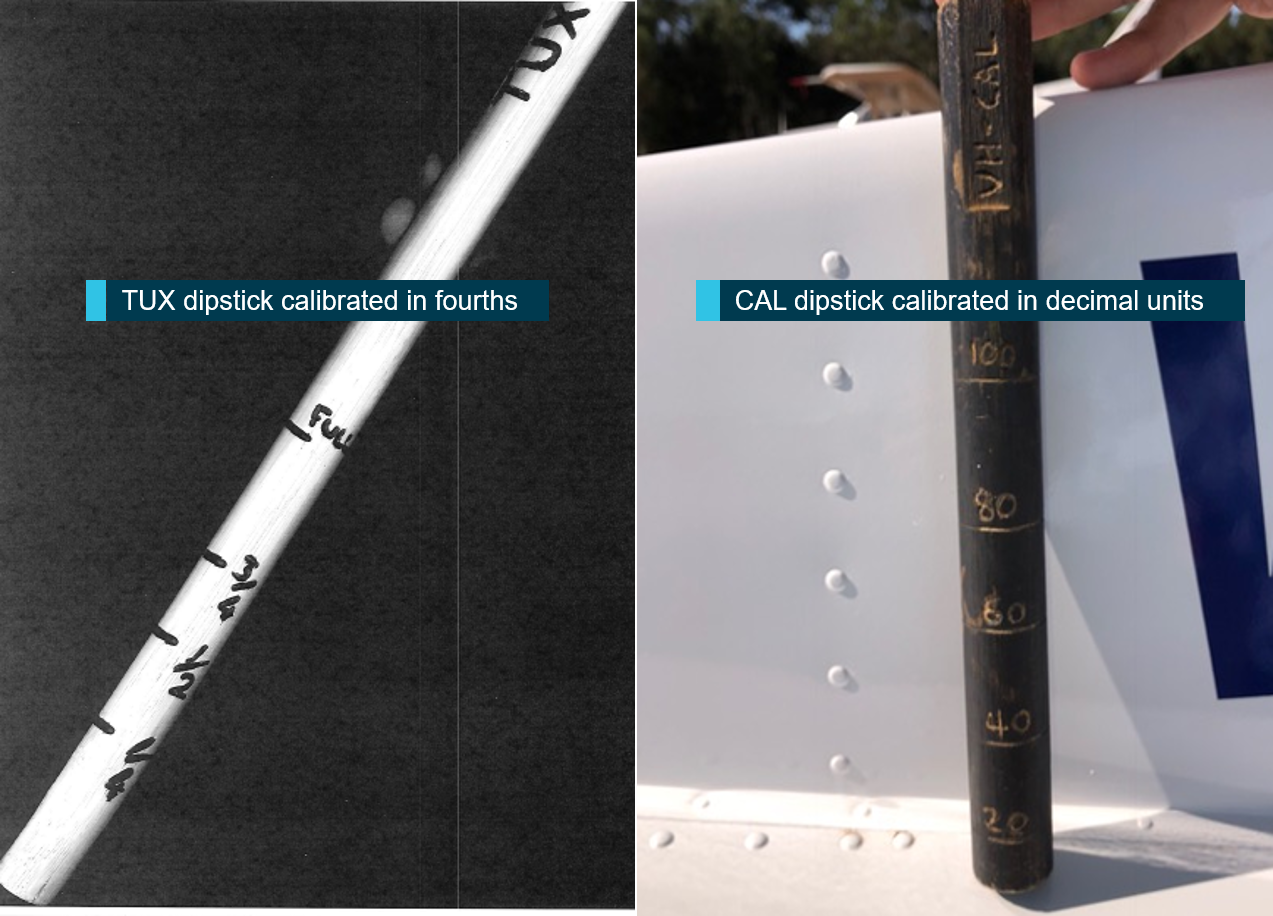 Figure 3: Fuel dip sticks from Cessna aircraft TUX and CAL. Image of fuel dipsticks from the incident aircraft VH-TUX (left) and the aircraft VH-CAL (right) flown by the pilot earlier on the morning of 5 January 2018. Source: Goldfields Air Services, annotated by ATSB