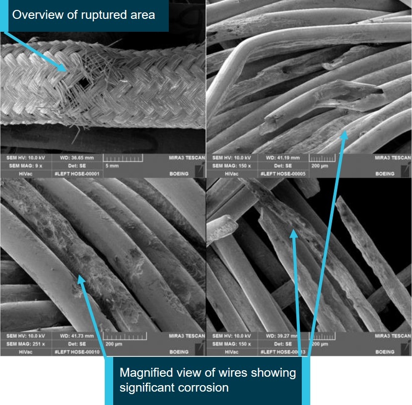 Figure 4: Scanning electron microscope images of the ruptured area on the left hose. Source:  Aircraft manufacturer, annotated by the ATSB