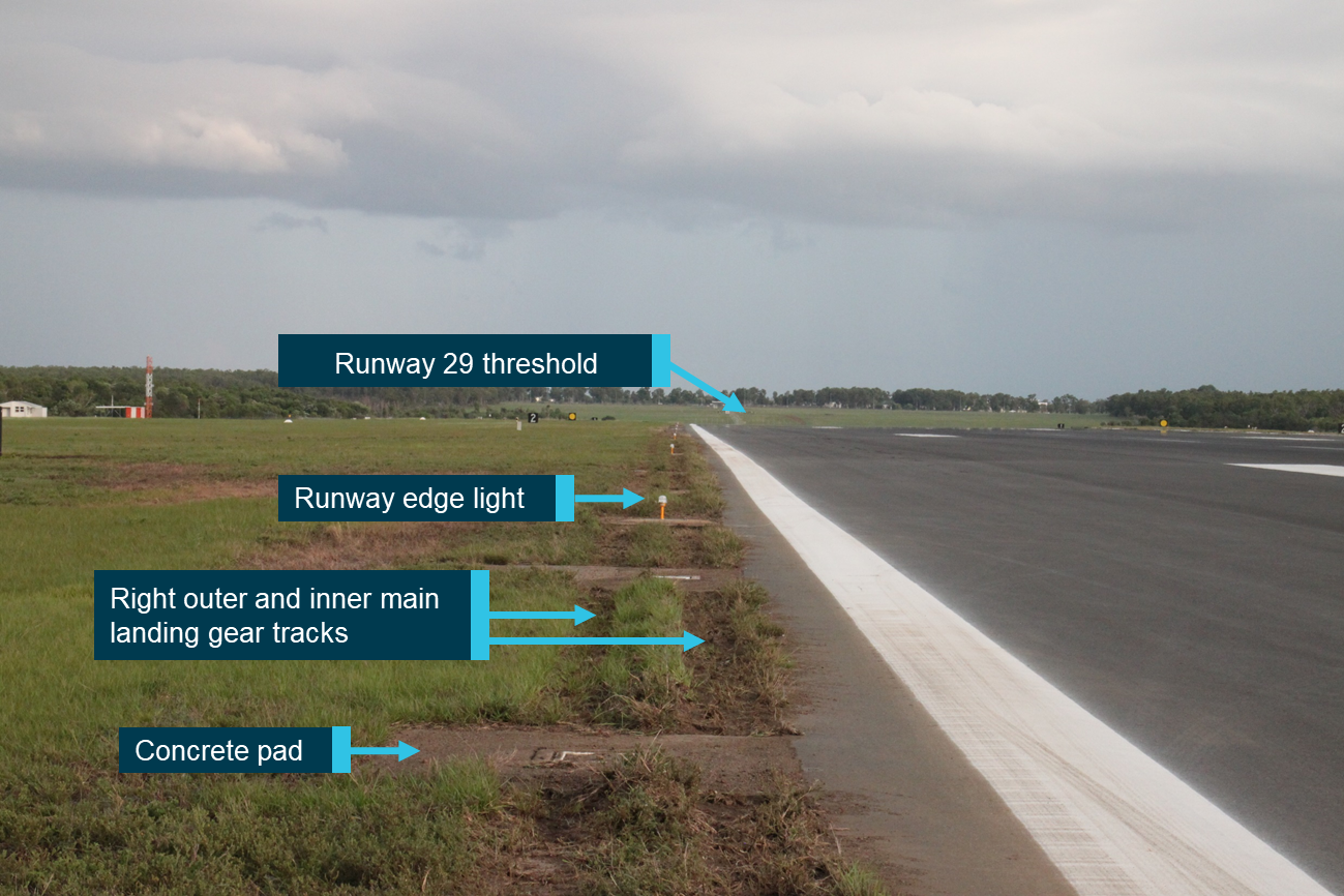 Figure 2: Wheel tracks where VH-VUI departed the runway 29 sealed surface and destroyed runway edge lights. Image shows the tracks from the right main landing gear through grass and over concrete pads near the runway edge. Photo facing the opposite direction to the landing. Source: ATSB