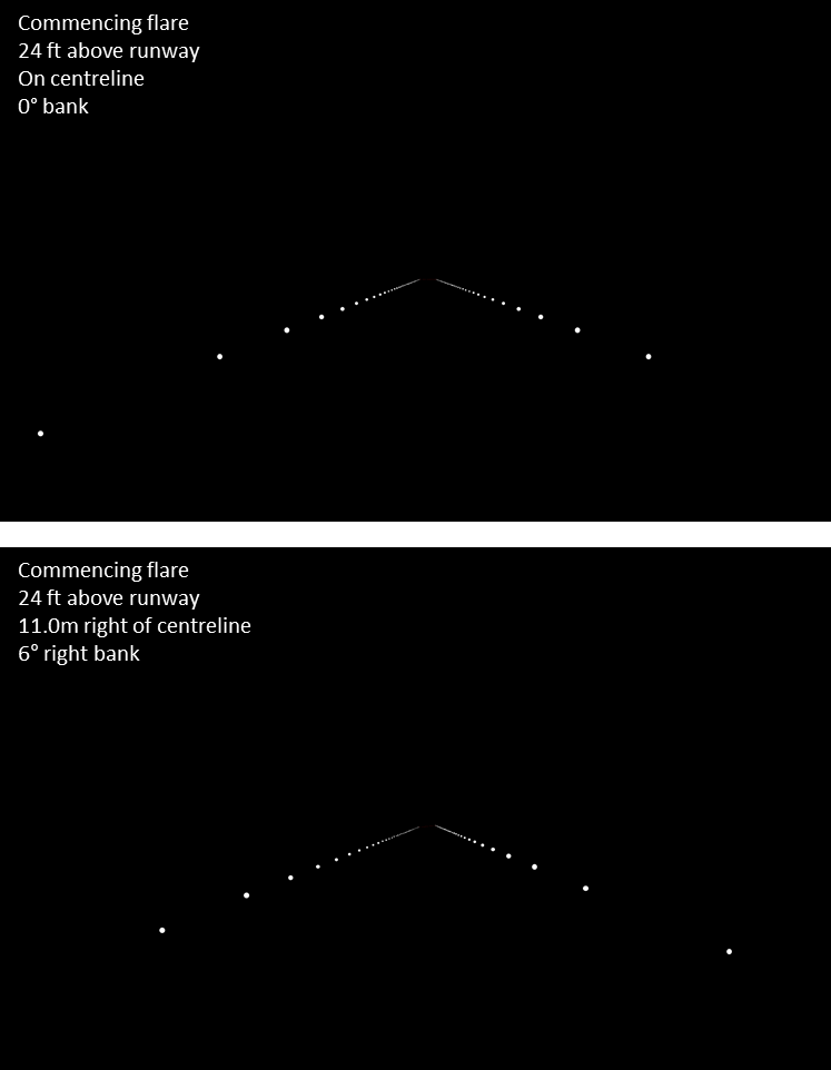 Figure A3: Simulated approaches without centreline lighting showing on centreline with wings level (top) compared to a misaligned approach with 6° right roll (bottom). Source: ATSB