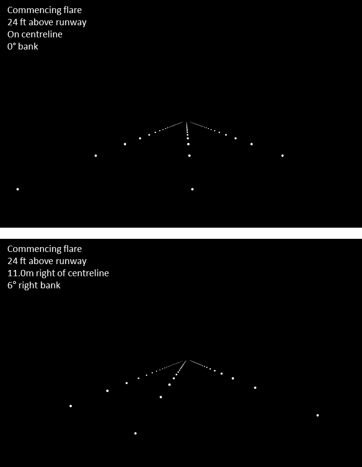 Figure A4: Simulated approaches with centreline lighting showing on centreline with wings level (top) compared to a misaligned approach with 6° right bank (bottom). Source: ATSB