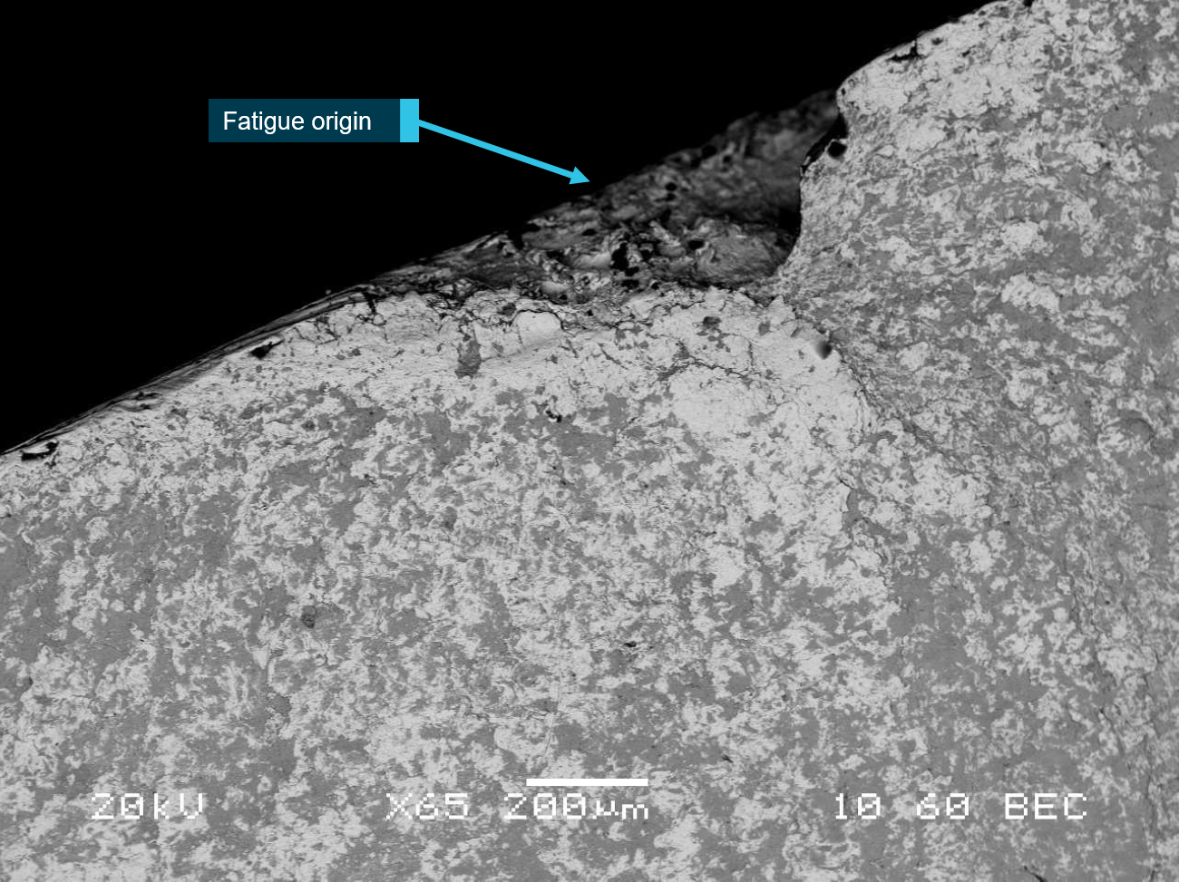 Figure 9: SEM image showing the initiating notch at the fatigue crack origin. Source: QUT Central Analytical Research Facility.