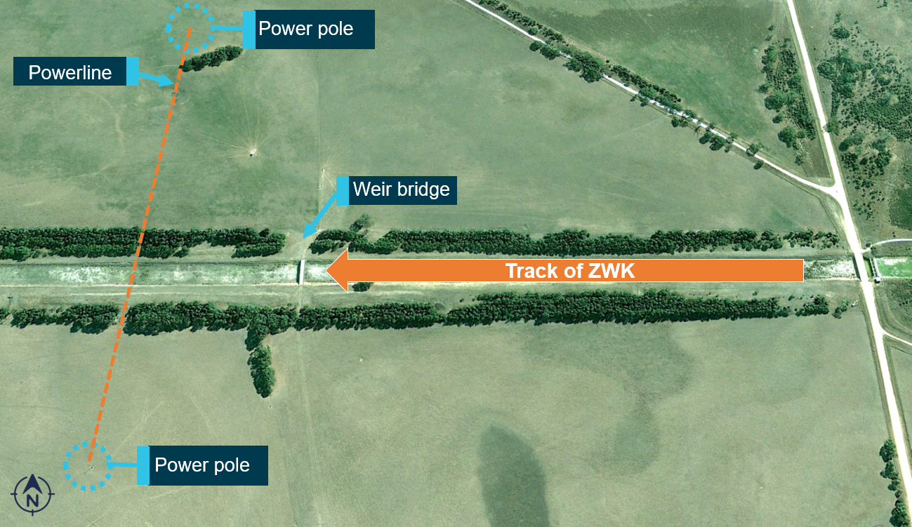 Figure 1: Accident location. The image shows the track of ZWK, the location of weir bridge, and the location of power infrastructure. Source: Google Earth, modified by ATSB