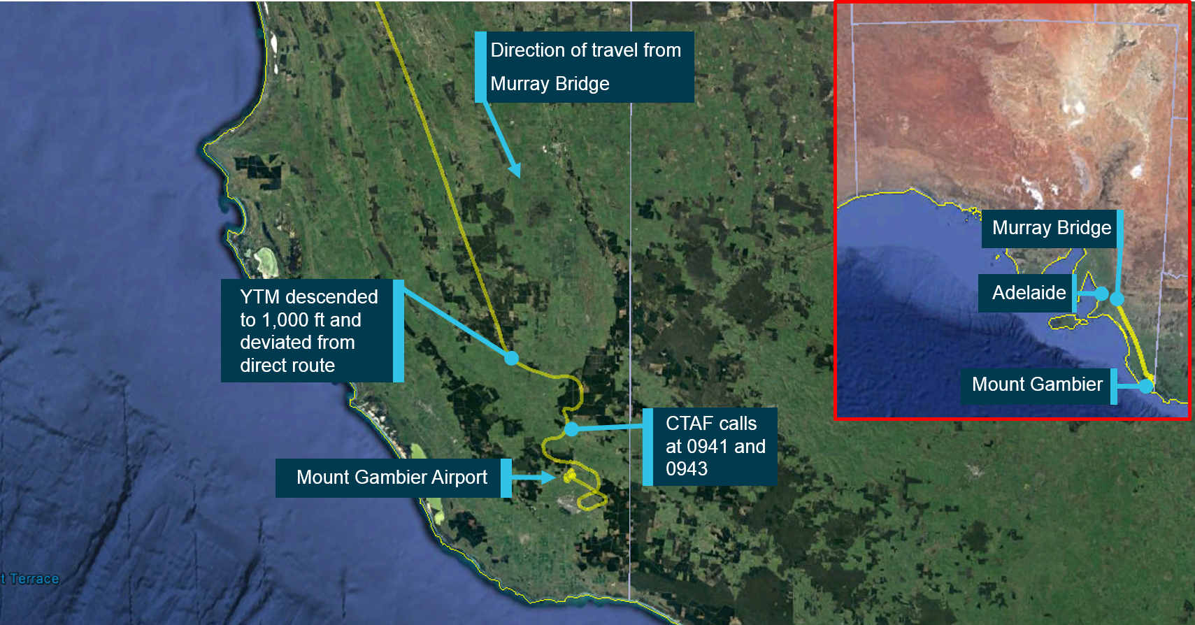 Figure 1: Track of VH-YTM approaching Mount Gambier Airport from Murray Bridge, the track deviation and approximate locations when initial CTAF calls were made, and inset, a map of South Australia showing the relative positions of Adelaide, Murray Bridge and Mount Gambier. Source: Google Earth and OzRunways, annotated by ATSB