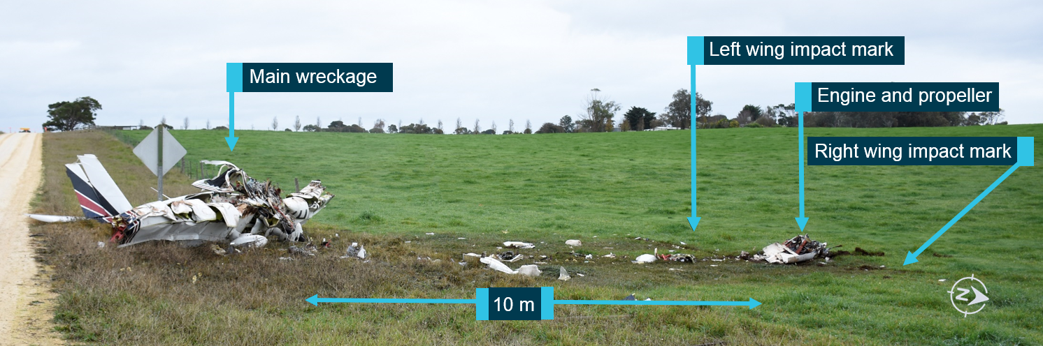 Figure 4: Accident site, showing the engine and propeller location, the left and right wing impact marks and the main wreckage.  Source: South Australia Police, annotated by ATSB