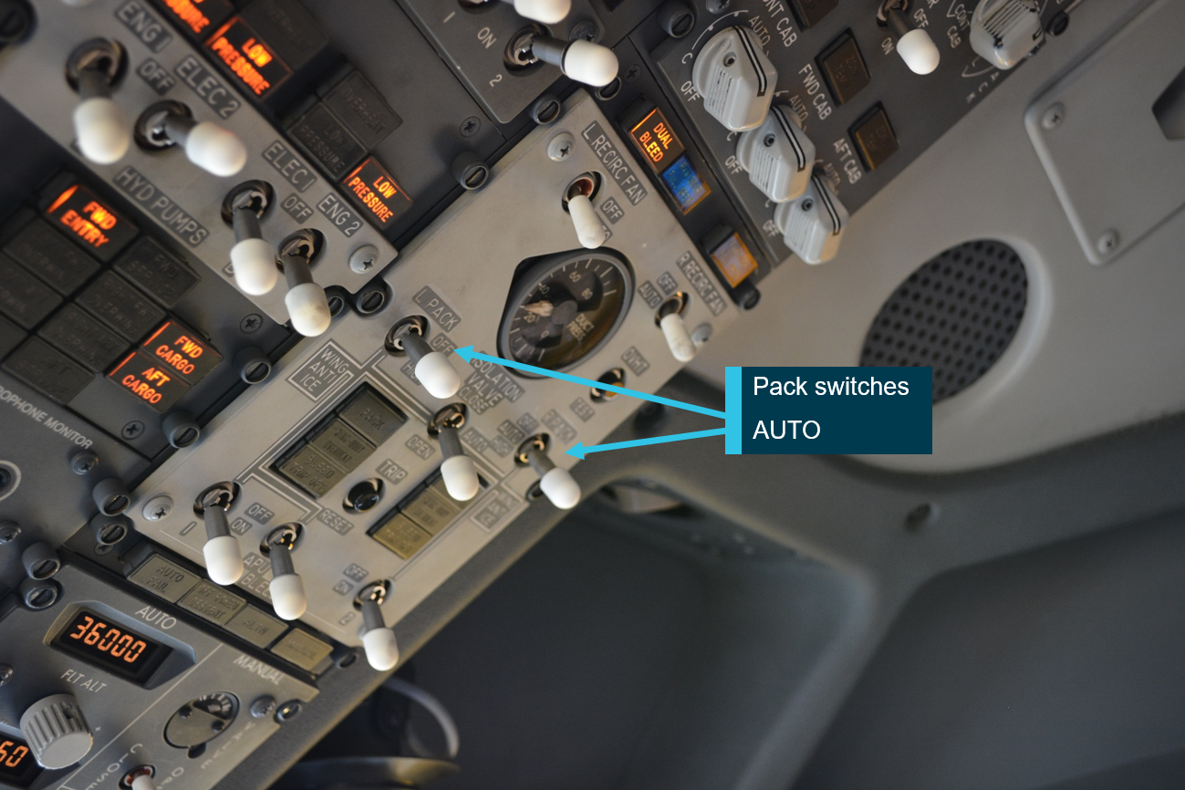 Figure 2: Close-up view of air conditioning pack switches. Source: Tiger Airways Australia, annotated by ATSB.