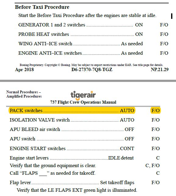 Figure A1: Before Taxi Procedure extract. Source: Tiger Airways 737 FCOM