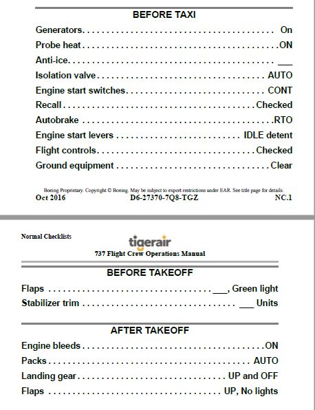 Figure B1: Before Taxi and After Take-off Checklists. Source: Tiger Airways QRH