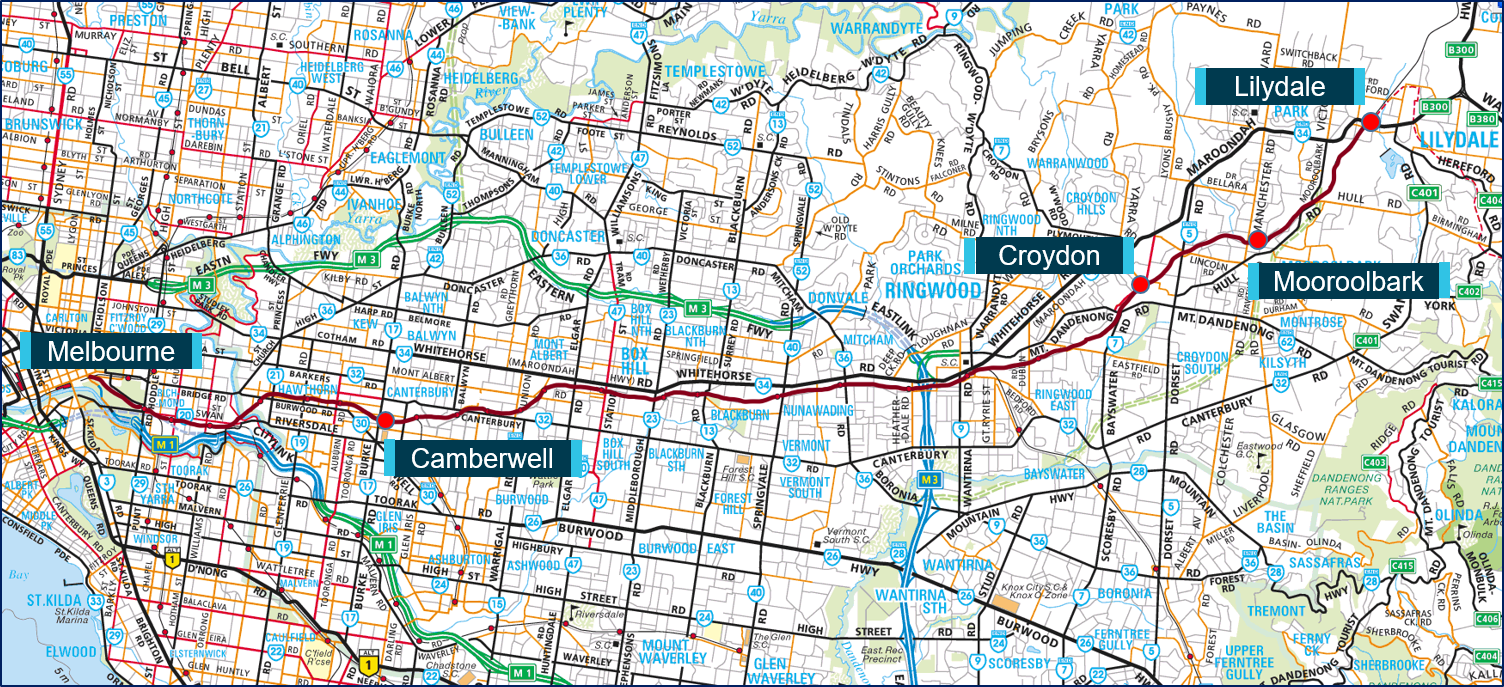 Figure 3: Location of Croydon on Lilydale train line. Source: Copyright Melway Publishing 2018, with annotations by the Chief Investigator, Transport Safety (Vic)