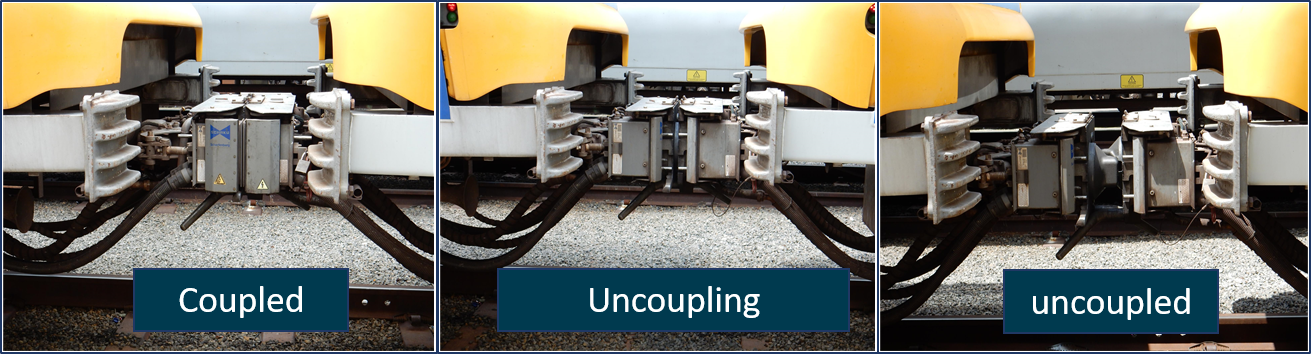 Figure 6: Scharfenberg coupler between cars shown uncoupling. Source: Chief Investigator, Transport Safety (Vic)